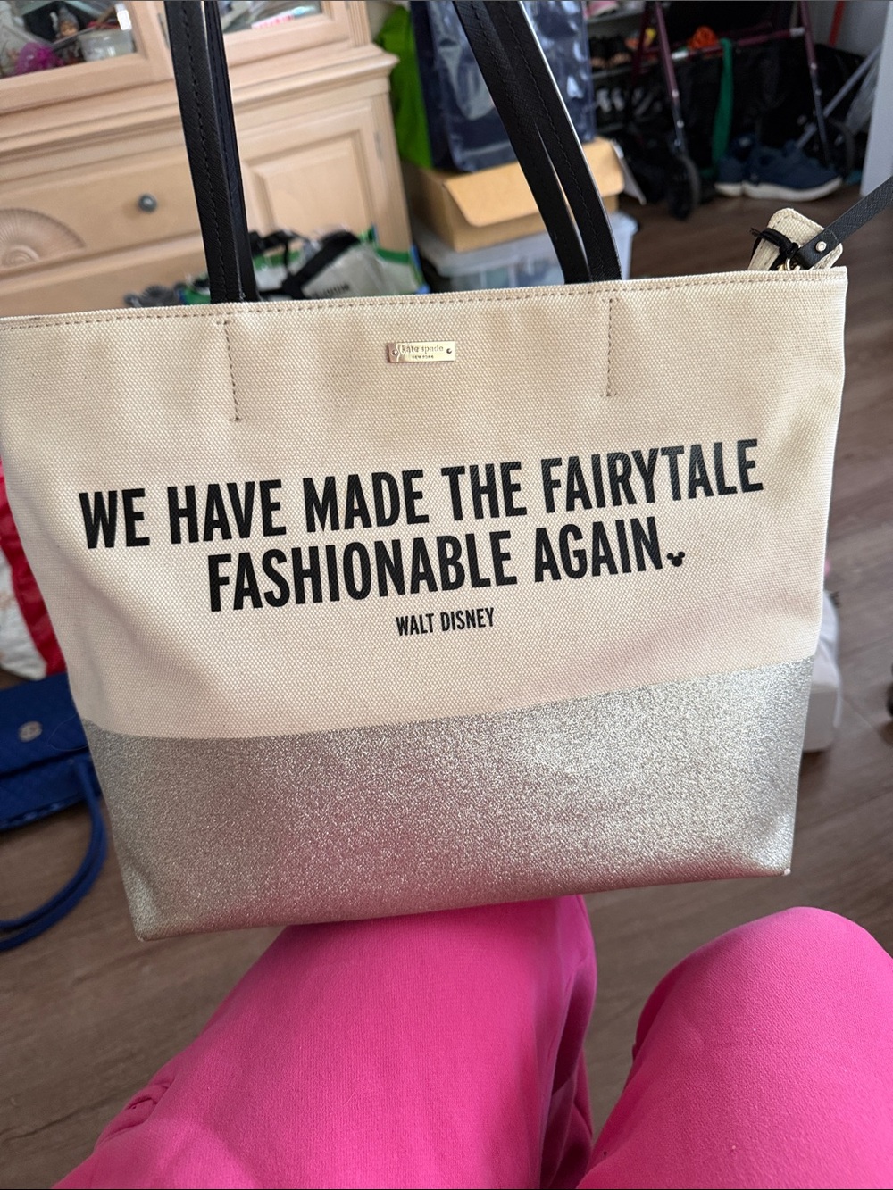 NWT Kate Spade x Disney Parks Beige Canvas Tote with Glitter Accent